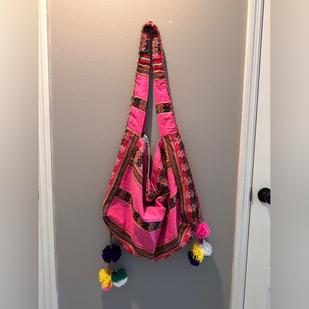 PITUSA Pink Bohemian Bag with Pom Poms